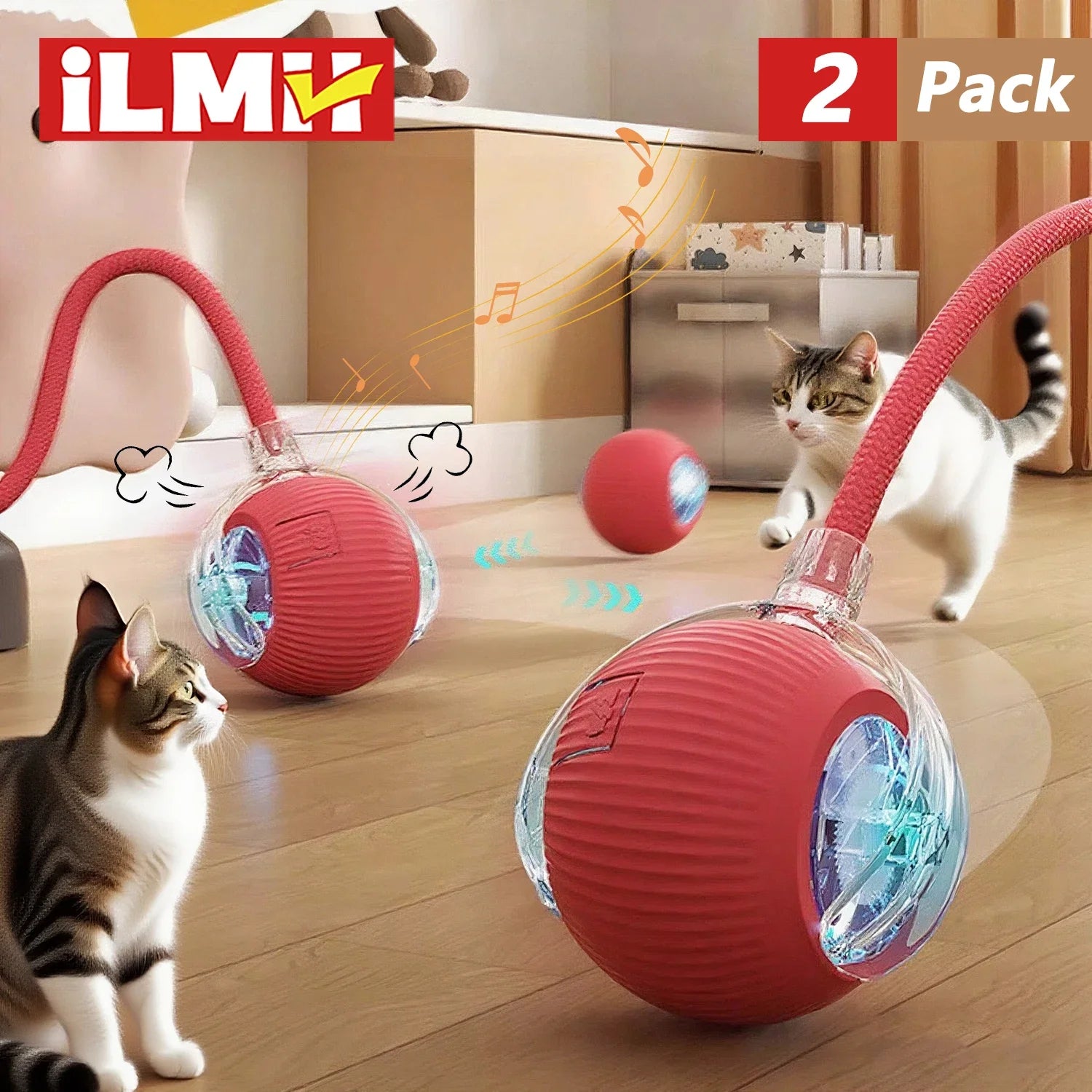 iLMH Smart Interactive Rolling Cat Ball Toy with Faux Tail and Mouse Sound