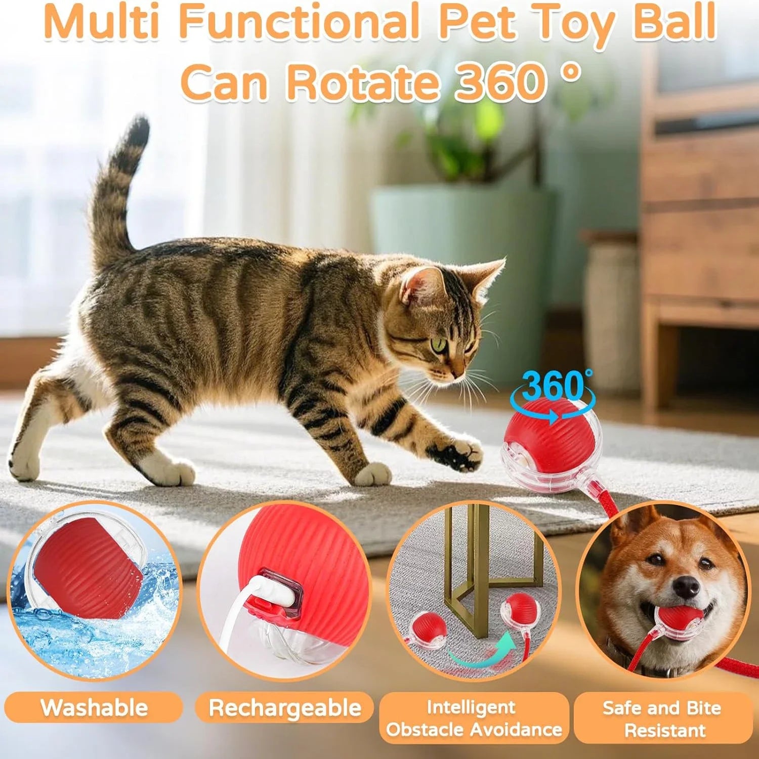 iLMH Smart Interactive Rolling Cat Ball Toy with Faux Tail and Mouse Sound